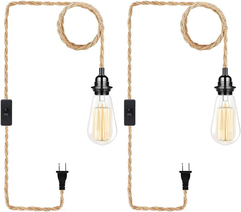 CAFULAM Industrial Hanging Light with Plug in Cord - Hemp Rope On/Off Switch, Farmhouse Pendant Light for Dining Room - Image 1